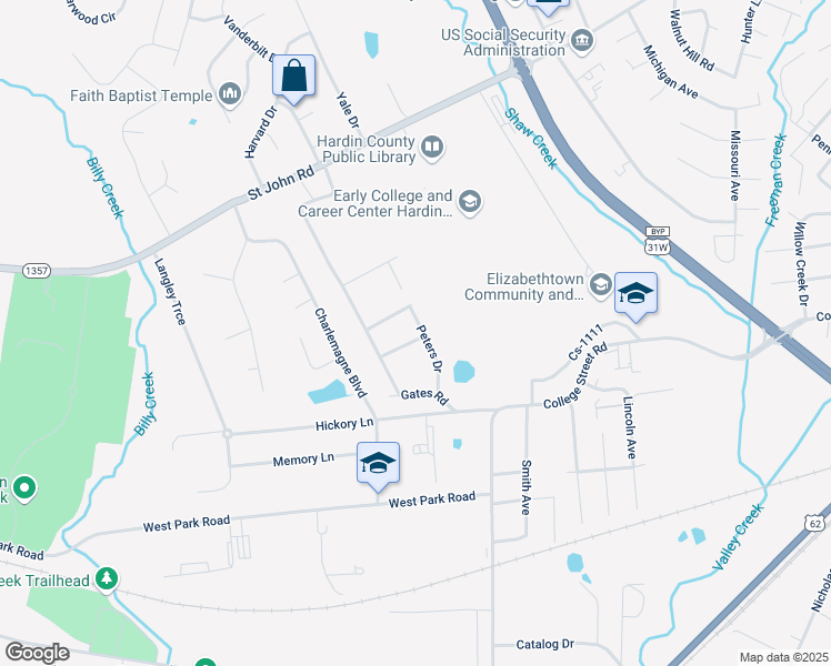 map of restaurants, bars, coffee shops, grocery stores, and more near 553 Peters Drive in Elizabethtown