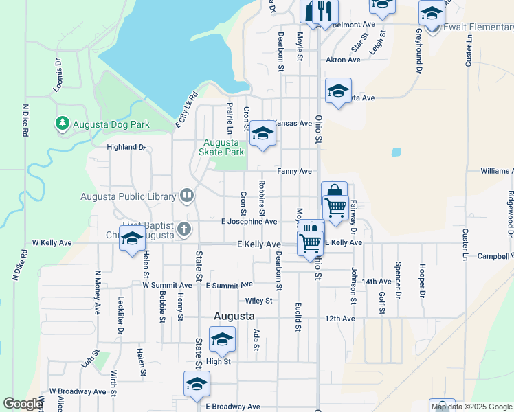 map of restaurants, bars, coffee shops, grocery stores, and more near 1615 Robbins Street in Augusta