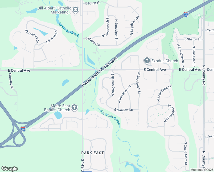 map of restaurants, bars, coffee shops, grocery stores, and more near 4-8 North Stagecoach in Wichita