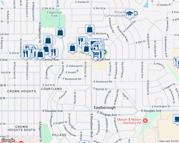 map of restaurants, bars, coffee shops, grocery stores, and more near 356 North Hillcrest Street in Wichita