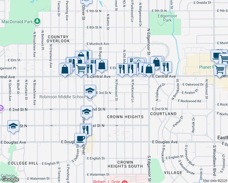 map of restaurants, bars, coffee shops, grocery stores, and more near 5100-5198 E 3rd Street North in Wichita