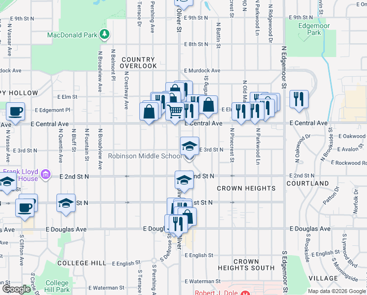 map of restaurants, bars, coffee shops, grocery stores, and more near 403 North Bleckley Drive in Wichita
