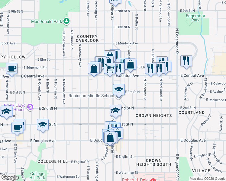 map of restaurants, bars, coffee shops, grocery stores, and more near 357 North Oliver Street in Wichita