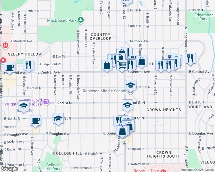 map of restaurants, bars, coffee shops, grocery stores, and more near 4600-4698 East 3rd Street North in Wichita