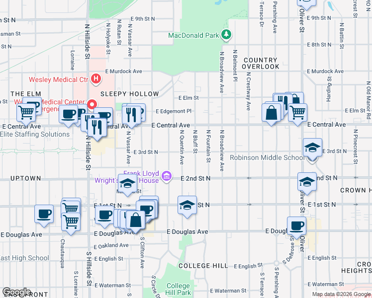 map of restaurants, bars, coffee shops, grocery stores, and more near 401 North Bluff Street in Wichita