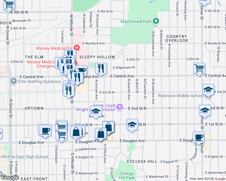 map of restaurants, bars, coffee shops, grocery stores, and more near 3714 East 3rd Street North in Wichita
