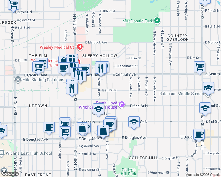 map of restaurants, bars, coffee shops, grocery stores, and more near 401 North Clifton Avenue in Wichita