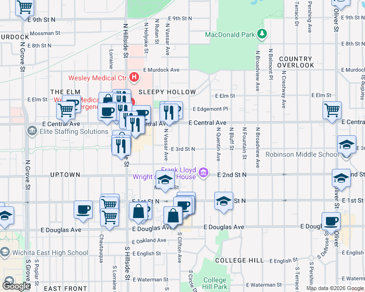 map of restaurants, bars, coffee shops, grocery stores, and more near 401 North Clifton Avenue in Wichita
