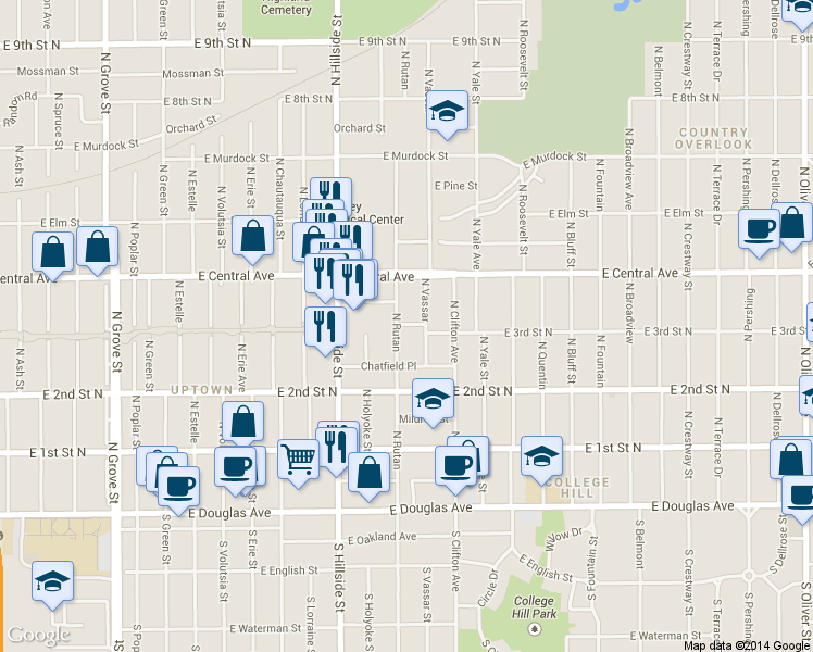 map of restaurants, bars, coffee shops, grocery stores, and more near 367 North Vassar in Wichita