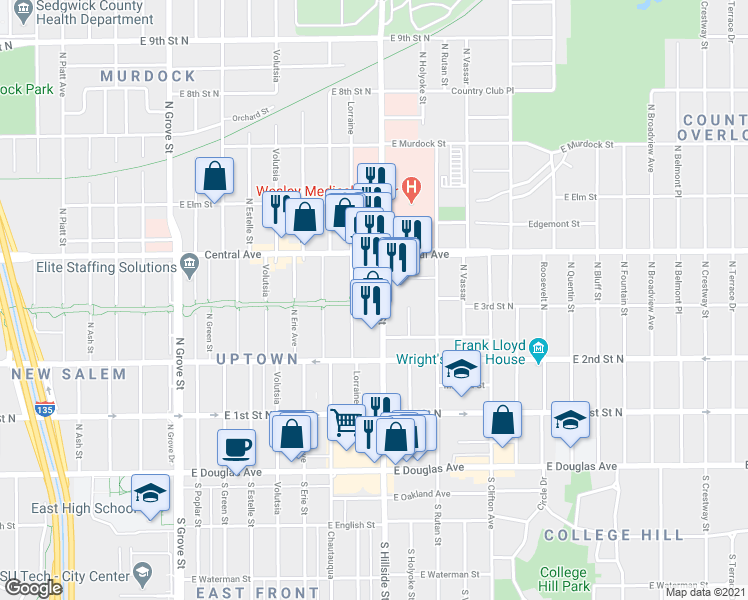 map of restaurants, bars, coffee shops, grocery stores, and more near in Wichita