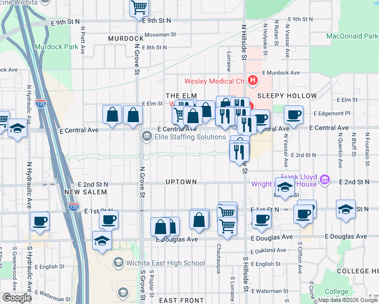 map of restaurants, bars, coffee shops, grocery stores, and more near 400 North Volutsia Street in Wichita