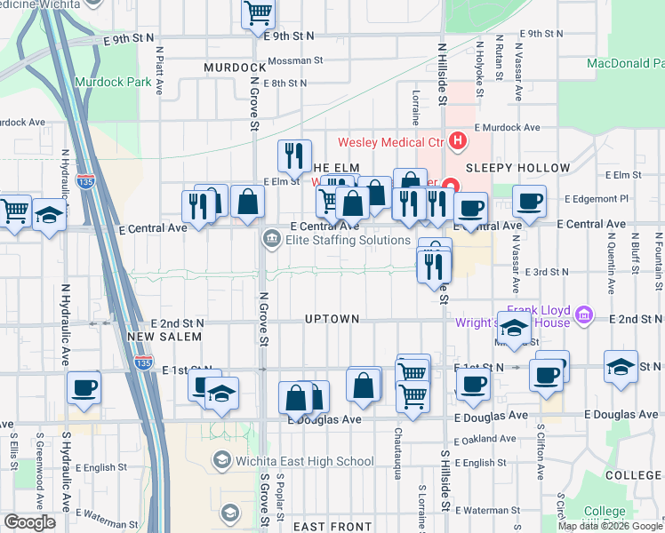 map of restaurants, bars, coffee shops, grocery stores, and more near 402 North Estelle Street in Wichita