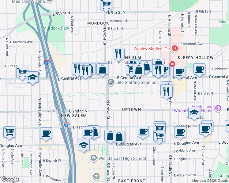map of restaurants, bars, coffee shops, grocery stores, and more near 401 North Green Street in Wichita