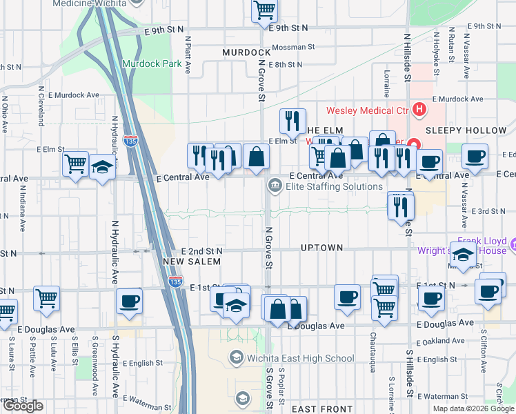 map of restaurants, bars, coffee shops, grocery stores, and more near 400-498 N Grove Dr in Wichita