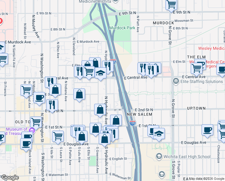 map of restaurants, bars, coffee shops, grocery stores, and more near 408 North Hydraulic Avenue in Wichita