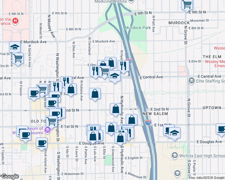 map of restaurants, bars, coffee shops, grocery stores, and more near 413-455 Pennsylvania Street in Wichita