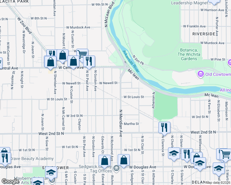 map of restaurants, bars, coffee shops, grocery stores, and more near 512 Richmond North in Wichita