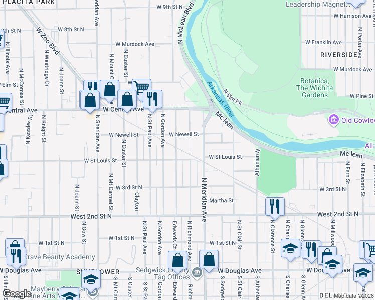 map of restaurants, bars, coffee shops, grocery stores, and more near 512 Richmond North in Wichita