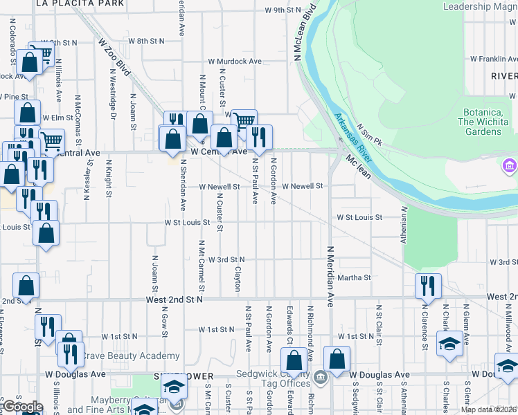 map of restaurants, bars, coffee shops, grocery stores, and more near 520 North Saint Paul Street in Wichita