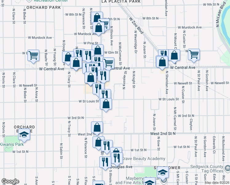 map of restaurants, bars, coffee shops, grocery stores, and more near 3806 West Saint Louis Street in Wichita