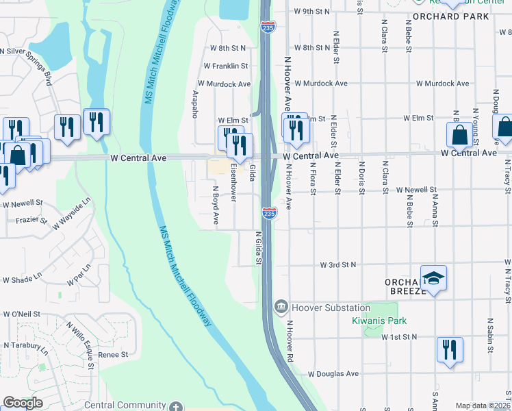 map of restaurants, bars, coffee shops, grocery stores, and more near 544 North Gilda Street in Wichita