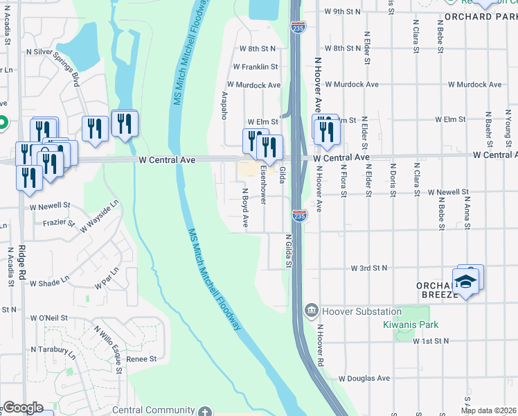 map of restaurants, bars, coffee shops, grocery stores, and more near 545 North Eisenhower in Wichita