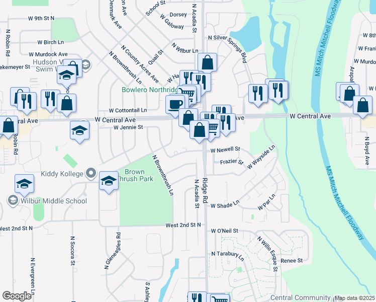 map of restaurants, bars, coffee shops, grocery stores, and more near 7335 Newell Street in Wichita