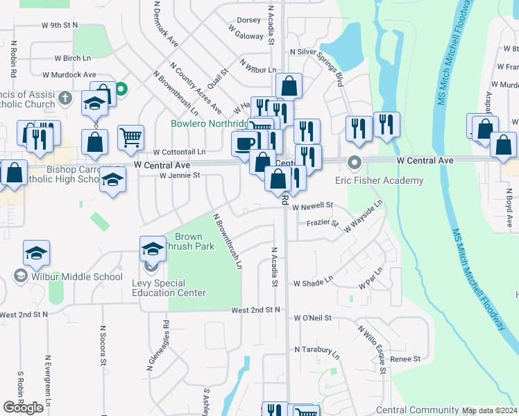 map of restaurants, bars, coffee shops, grocery stores, and more near 7335 Newell Street in Wichita