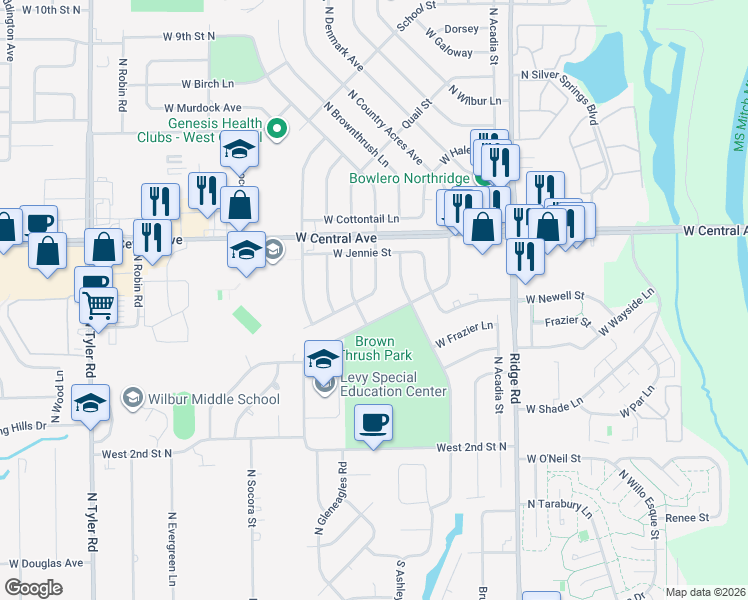 map of restaurants, bars, coffee shops, grocery stores, and more near 558 North Redbarn Lane in Wichita