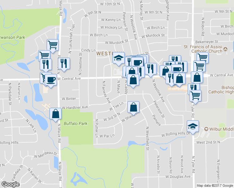 map of restaurants, bars, coffee shops, grocery stores, and more near 9710 West Hardtner Avenue in Wichita