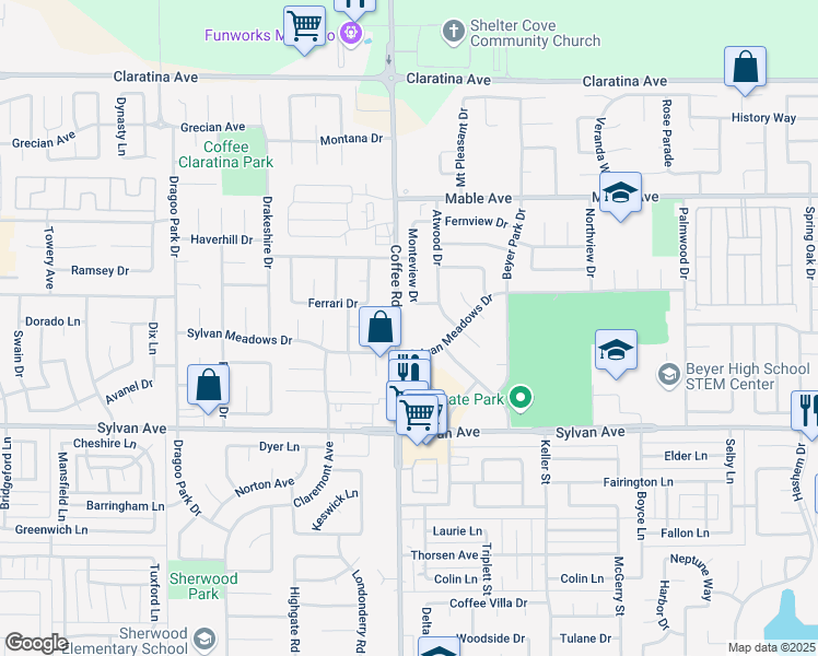 map of restaurants, bars, coffee shops, grocery stores, and more near 3700 Coffee Road in Modesto