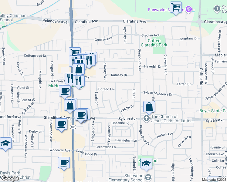 map of restaurants, bars, coffee shops, grocery stores, and more near 3709 Northampton Lane in Modesto