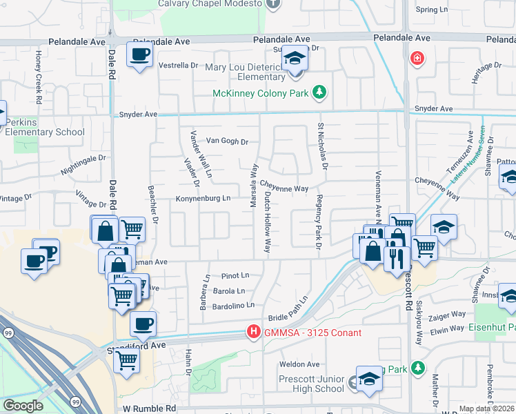 map of restaurants, bars, coffee shops, grocery stores, and more near 3612 Marsala Way in Modesto