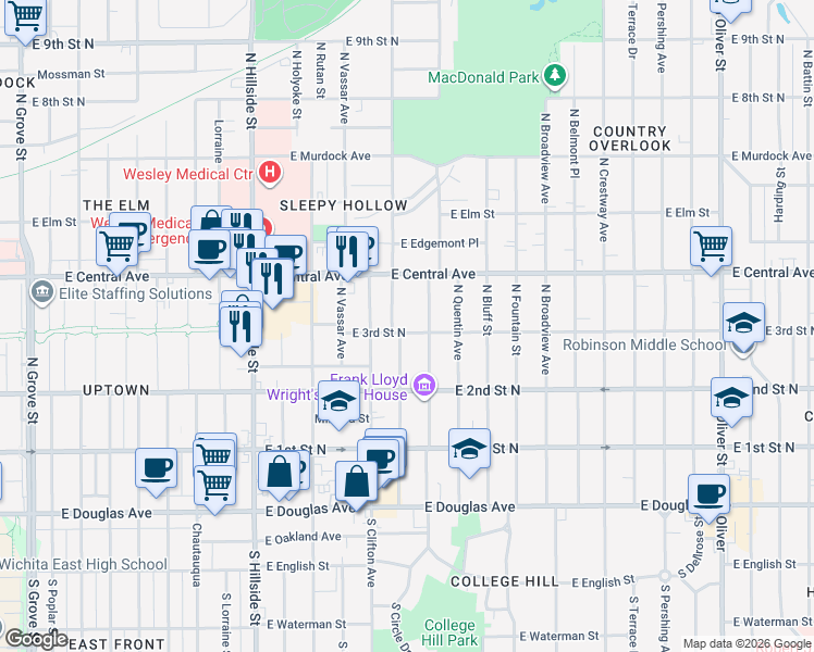 map of restaurants, bars, coffee shops, grocery stores, and more near 3714 East 3rd Street North in Wichita