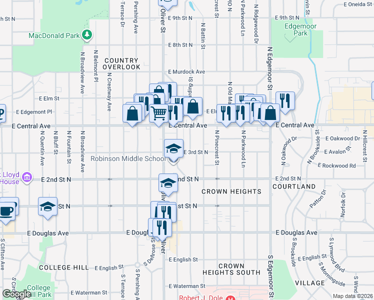 map of restaurants, bars, coffee shops, grocery stores, and more near 402 Harding Street in Wichita