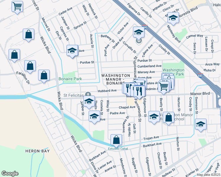 map of restaurants, bars, coffee shops, grocery stores, and more near 1387 Hubbard Avenue in San Leandro