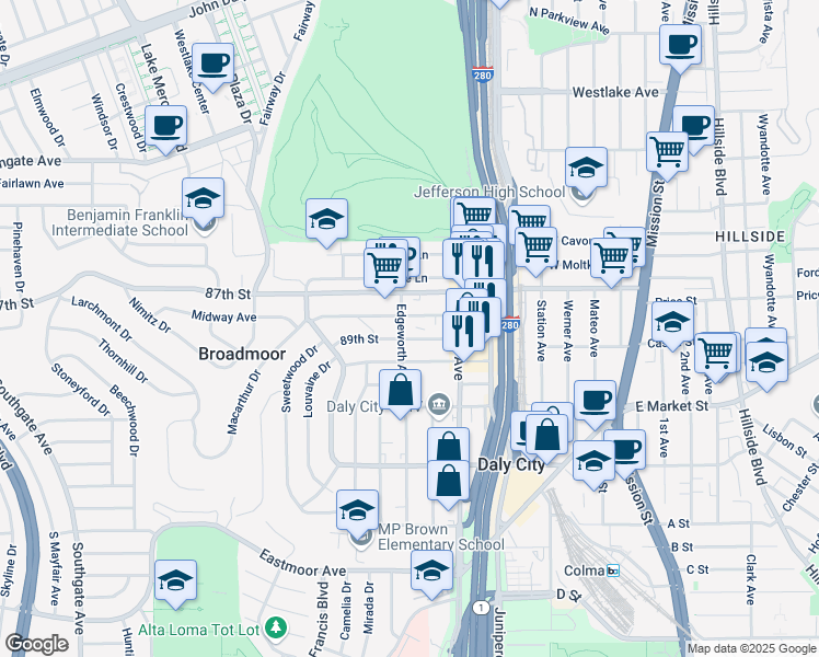 map of restaurants, bars, coffee shops, grocery stores, and more near 374 89th Street in Daly City