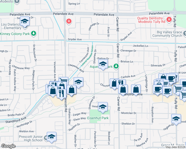 map of restaurants, bars, coffee shops, grocery stores, and more near 3621 Agate Drive in Modesto
