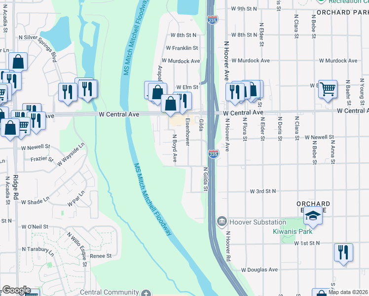 map of restaurants, bars, coffee shops, grocery stores, and more near 545 North Eisenhower in Wichita