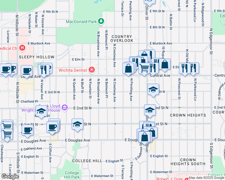 map of restaurants, bars, coffee shops, grocery stores, and more near 401 North Crestway Street in Wichita