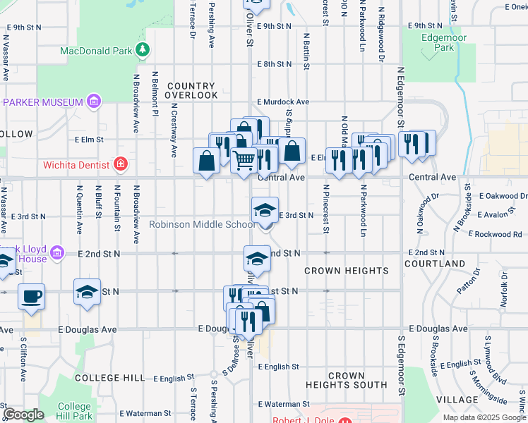 map of restaurants, bars, coffee shops, grocery stores, and more near 403 North Bleckley Drive in Wichita
