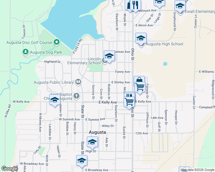 map of restaurants, bars, coffee shops, grocery stores, and more near 1615 Robbins Street in Augusta