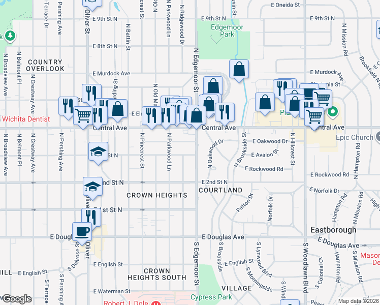 map of restaurants, bars, coffee shops, grocery stores, and more near 5516 East 3rd Street North in Wichita