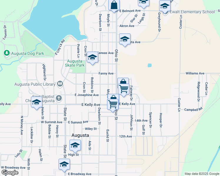 map of restaurants, bars, coffee shops, grocery stores, and more near 1611-1621 Ohio Street in Augusta