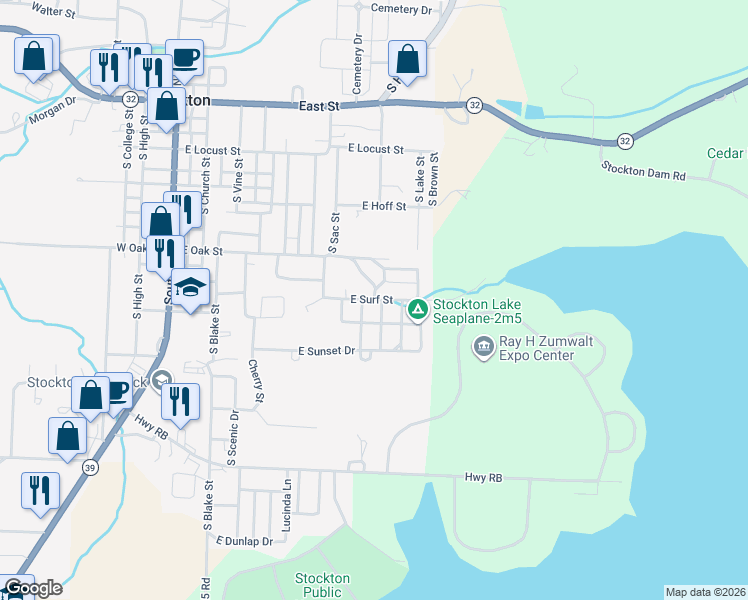 map of restaurants, bars, coffee shops, grocery stores, and more near East Surf Street in Stockton