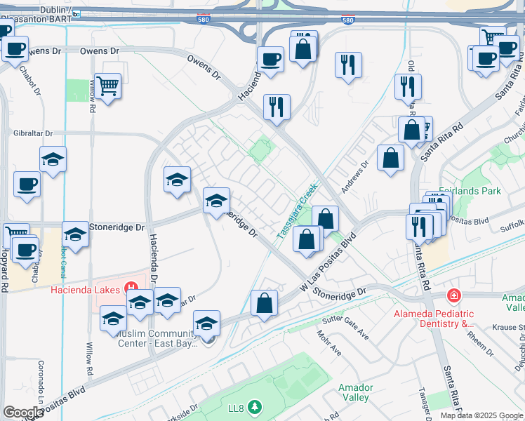 map of restaurants, bars, coffee shops, grocery stores, and more near 5130 Bianco Court in Pleasanton