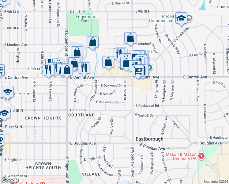 map of restaurants, bars, coffee shops, grocery stores, and more near 6098 E Avalon Ct in Wichita