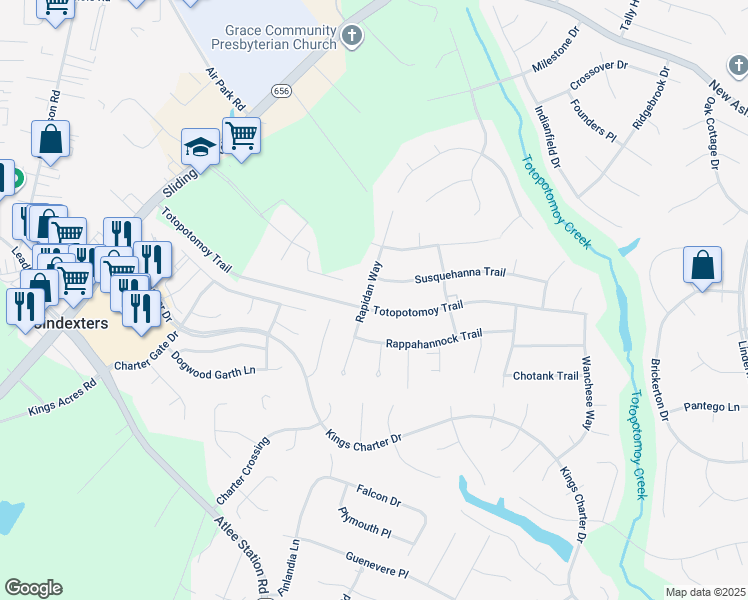 map of restaurants, bars, coffee shops, grocery stores, and more near 9328 Totopotomoy Trail in Ashland