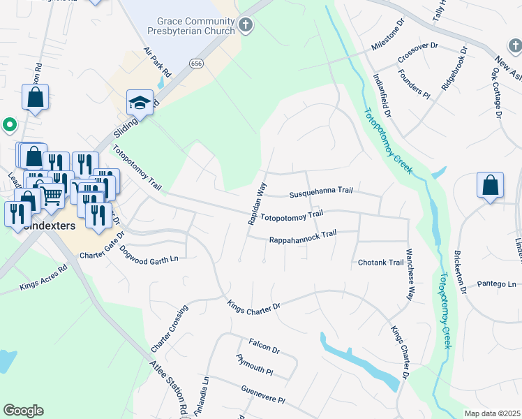 map of restaurants, bars, coffee shops, grocery stores, and more near 9328 Totopotomoy Trail in Ashland