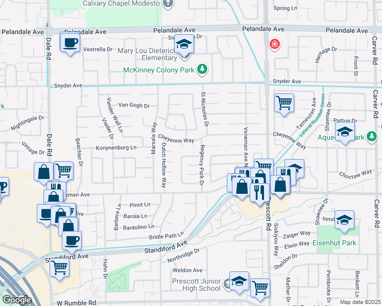 map of restaurants, bars, coffee shops, grocery stores, and more near 2329 Denbigh Drive in Modesto